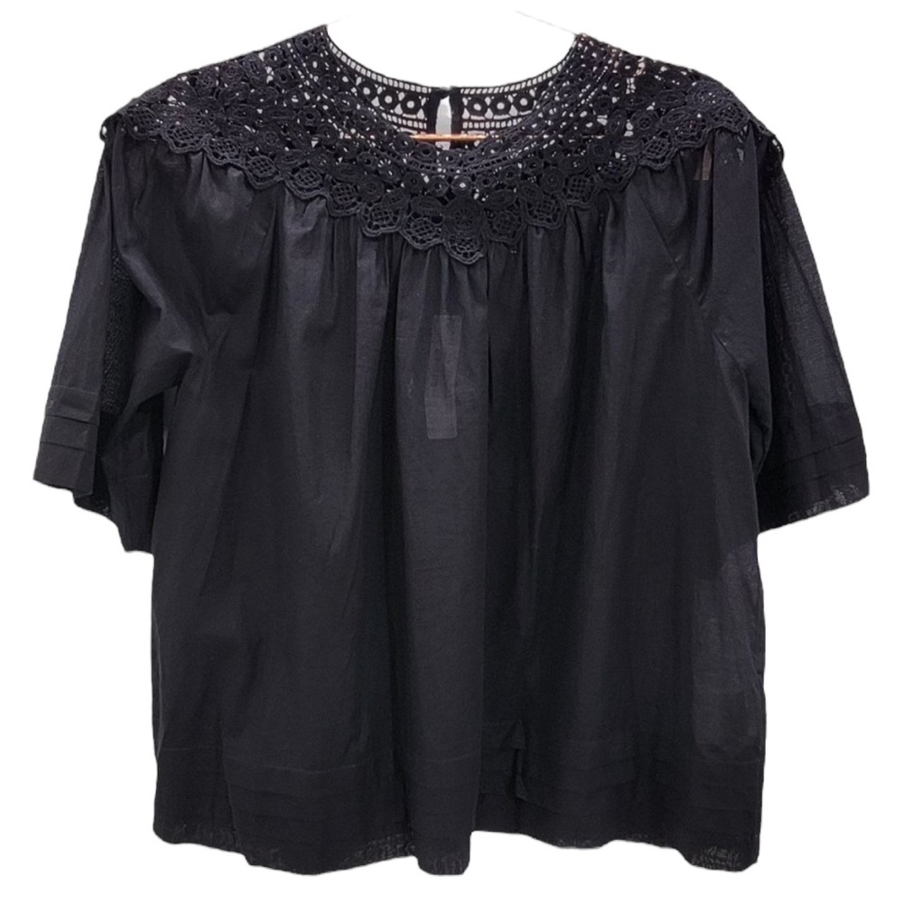 J Crew Top Organic Cotton Crochet Sheer Black Blouse Medium